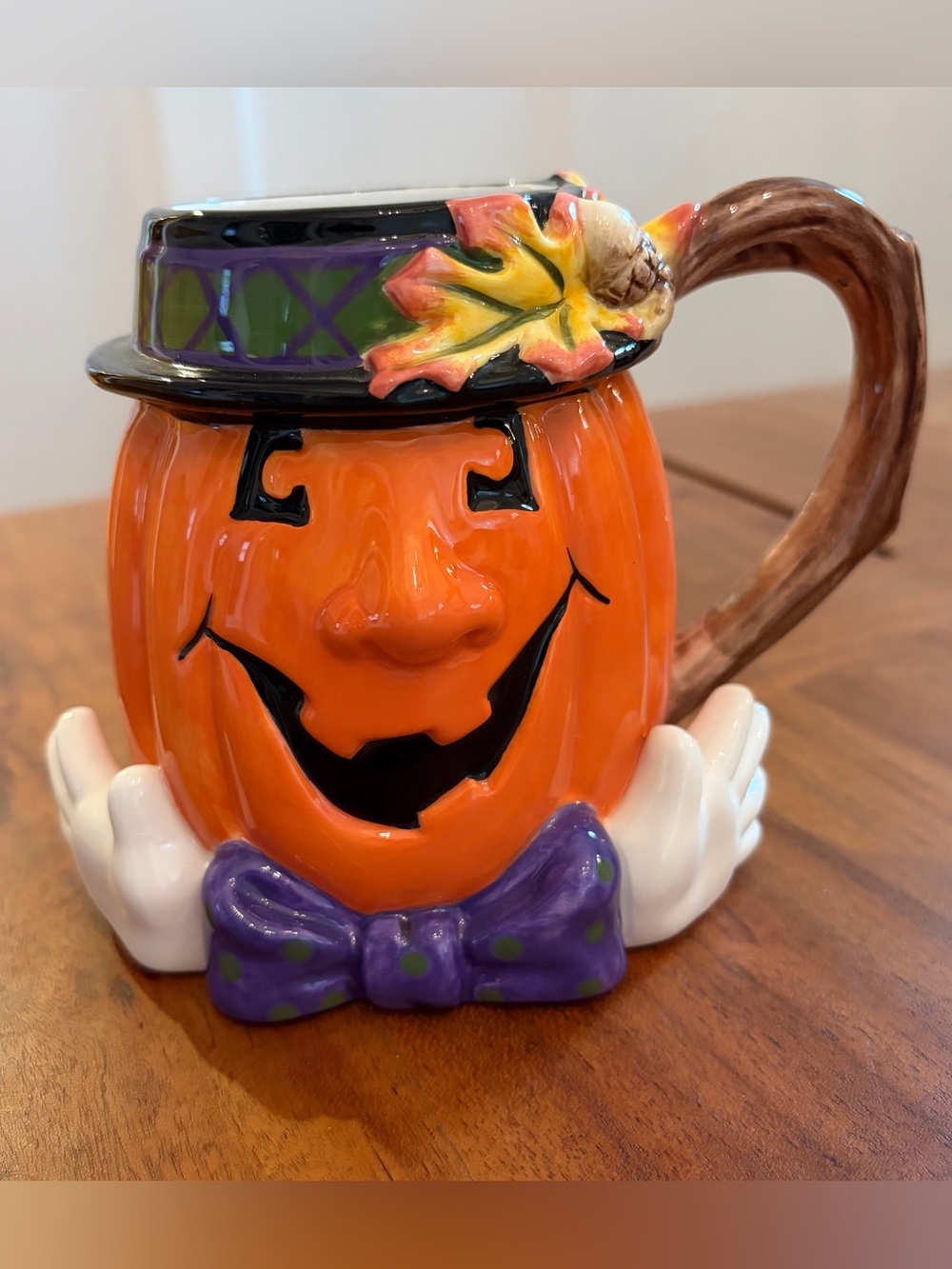 Vintage Fitz & Floyd Halloween Derby Pumpkin Mug Ceramic Jack O Lantern Fall Cup